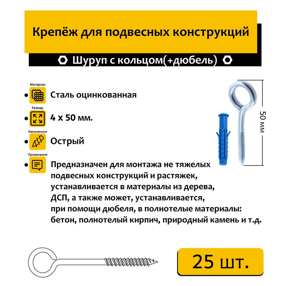 Шуруп "Нико" с кольцом 4х50 мм 25 шт. + дюбель #1