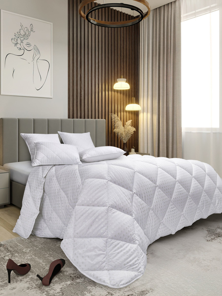 Одеяло Купитекс 1,5 спальное всесезонное 145x205 см, цвет: белый, бежевый, наполнитель - лебяжий пух #1