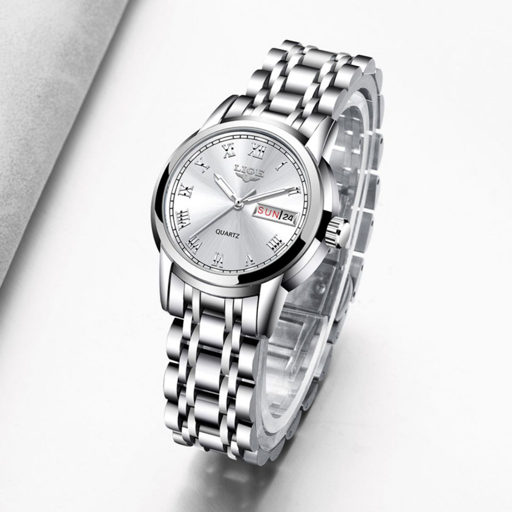 Часы наручные женские водонепроницаемые с браслетом из стали LIGE /сталь/  #1