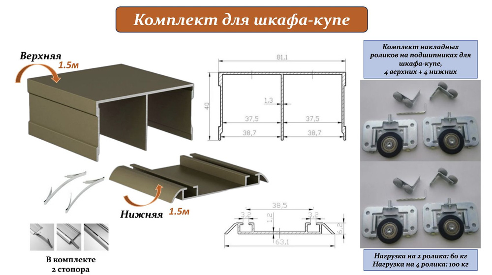 Комплект для шкафа-купе: накладные ролики на подшипниках (100кг) (ЛДСП 16-19мм) (4 верхних/ 4 нижних) #1