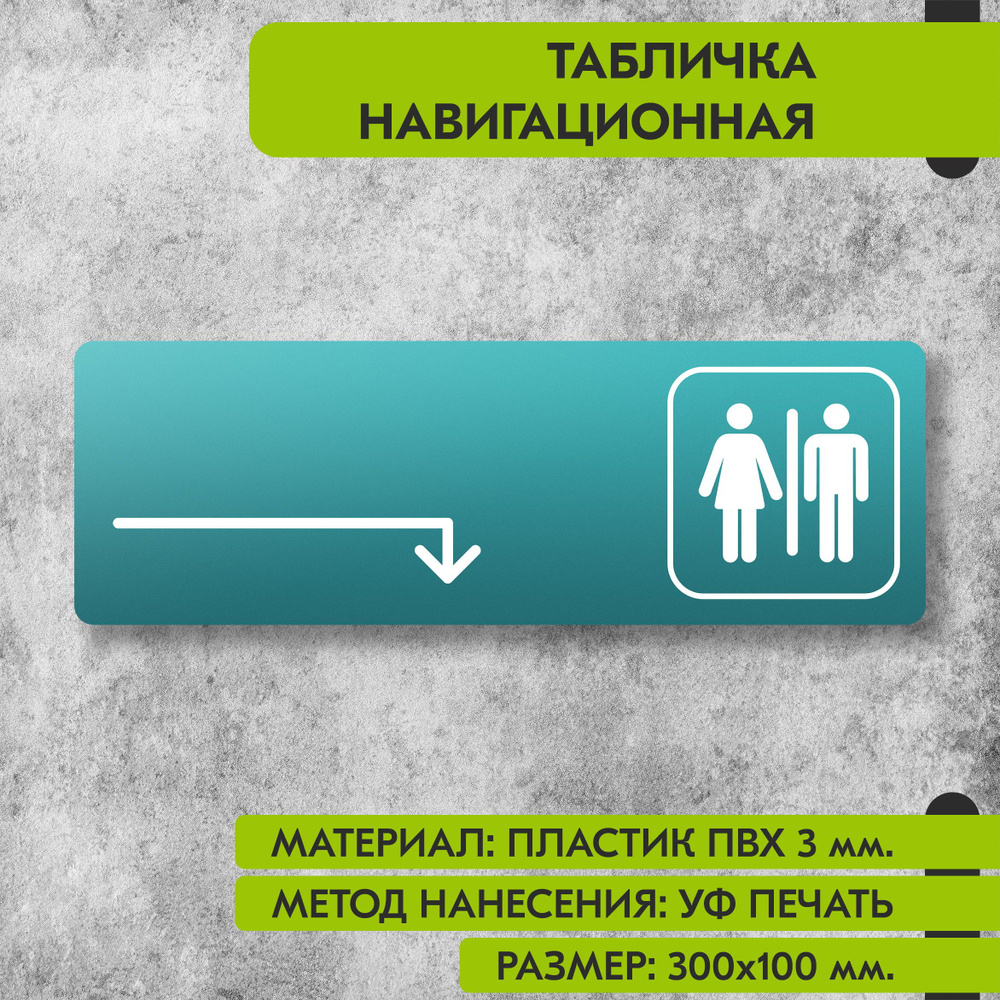 Табличка навигационная "Туалет направо и направо" бирюзовая, 300х100 мм., для офиса, кафе, магазина, #1