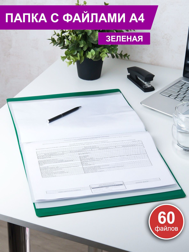 Папка для документов А4 с файлами 60 шт зеленая - купить с доставкой по ...