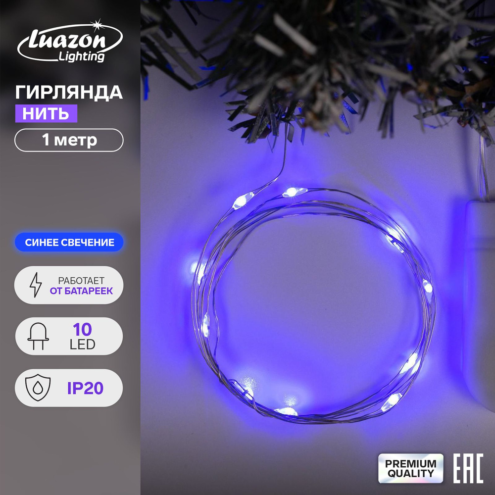 Гирлянда Нить 1 м роса, IP20, серебристая нить, 10 LED, свечение синее, CR2032х2  #1