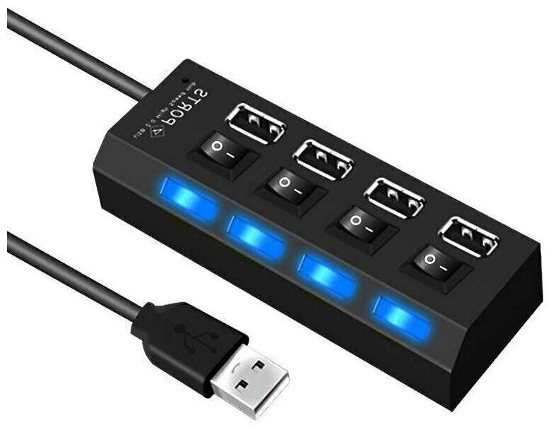 Разветвитель концентратор хаб USB 2.0 HUB Perfeo PF-H030 черный, 4 порта с выключателями, индикация, #1