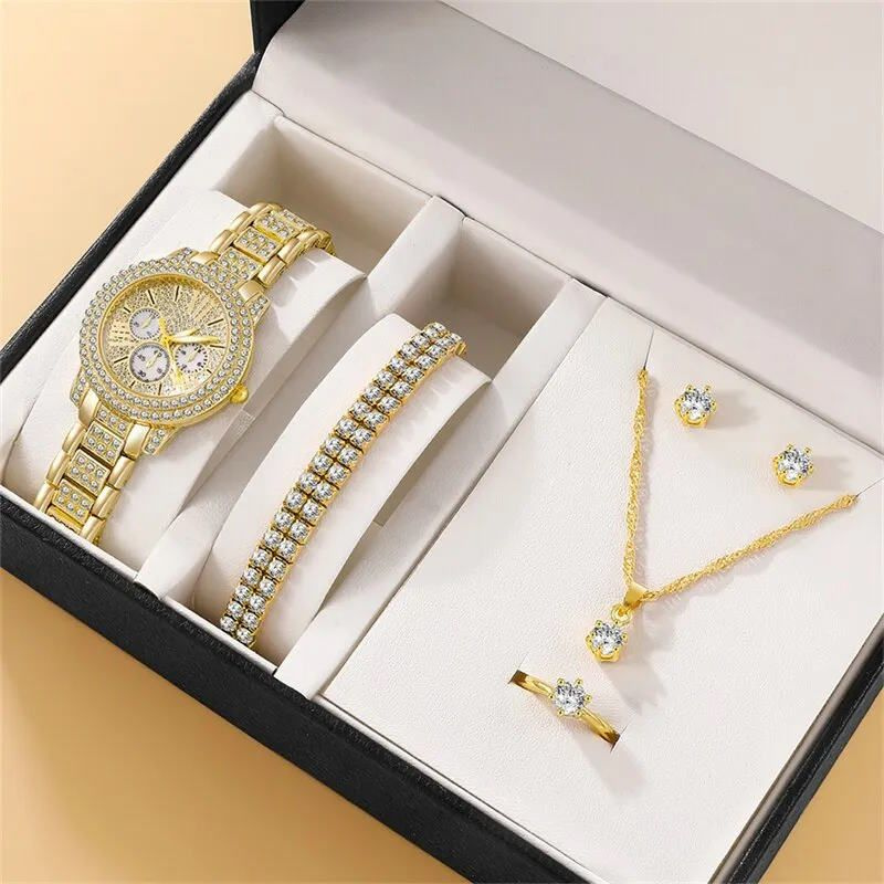 Набор роскошных часов для женщин, кольцо, ожерелье, серьги. Стразы, модные наручные часы женские повседневные #1