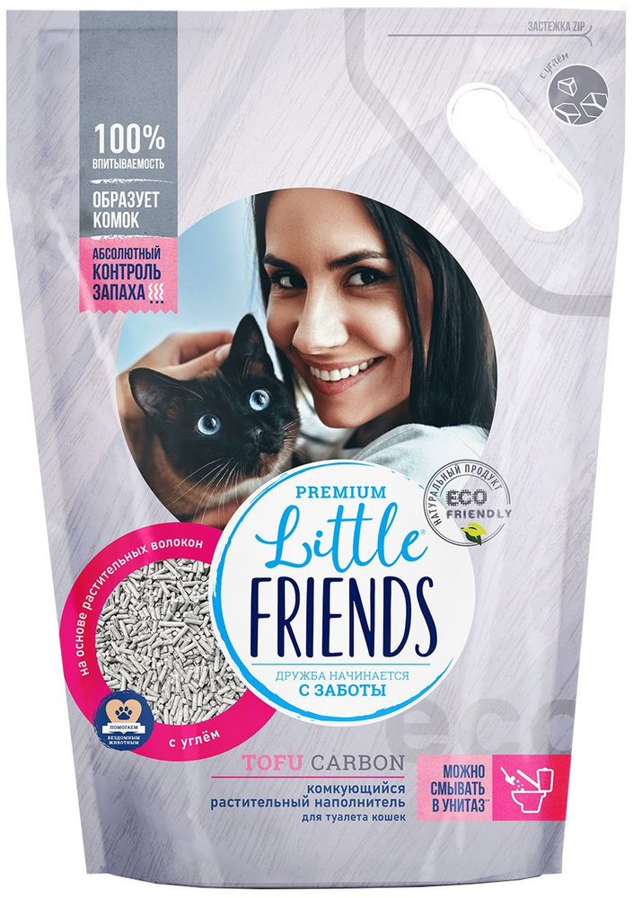 Наполнитель Little Friends Tofu Carbon для кошек, растительный, комкующийся, с углем, 5 л, 2.5 кг  #1