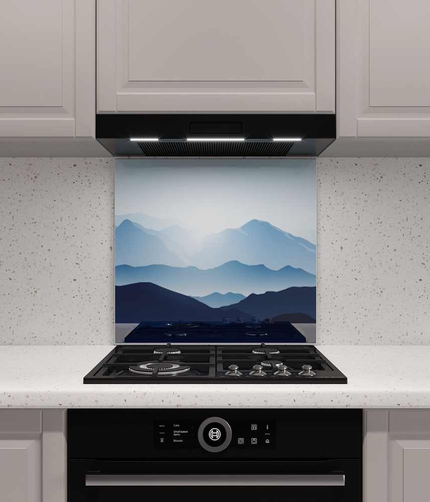Защитный экран из закаленного стекла на кухонный фартук в зону мойки и плиты с фотопечатью; 600х500х4 #1
