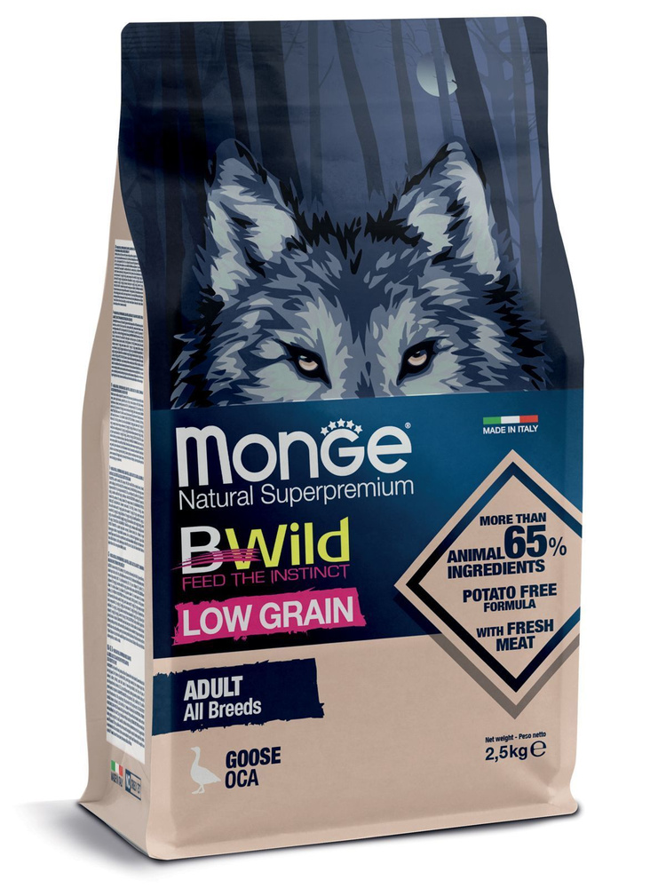 Monge Dog BWild Low Grain корм для взрослых собак всех пород, низкозерновой, мясо гуся, 2,5 кг  #1