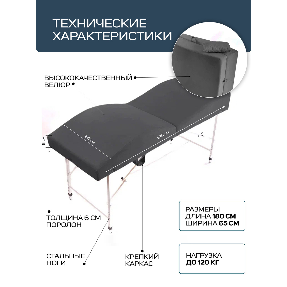 Размеры: длина 180 см, , ширина 65 см, высота регулируется от 68-82см .  Размеры в сложенном виде 96/76/42, вес 21 кг .  Наполнитель: поролон 6 см .  Материал обивки: велюр.  Материал каркаса: Фанера 5 мм.  Максимальная нагрузка анатомической кушетки 120кг.