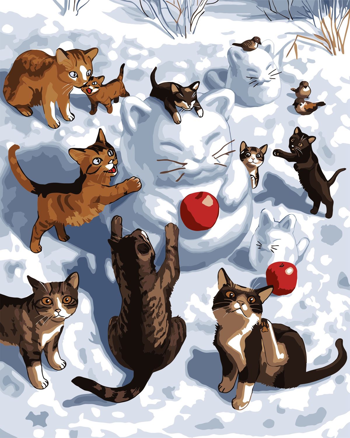 Картина по номерам "Котики лепят снеговика"