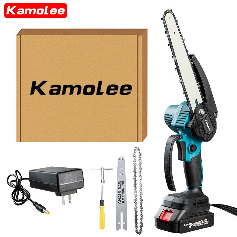 KamoleeTool24В8"БесщеточнаяЦепнаяПилаАккумуляторная2000ВтПортативныйДеревообрабатывающийРежущийИнструмент-(1батареипо3,0Ач,картоннаякоробка)