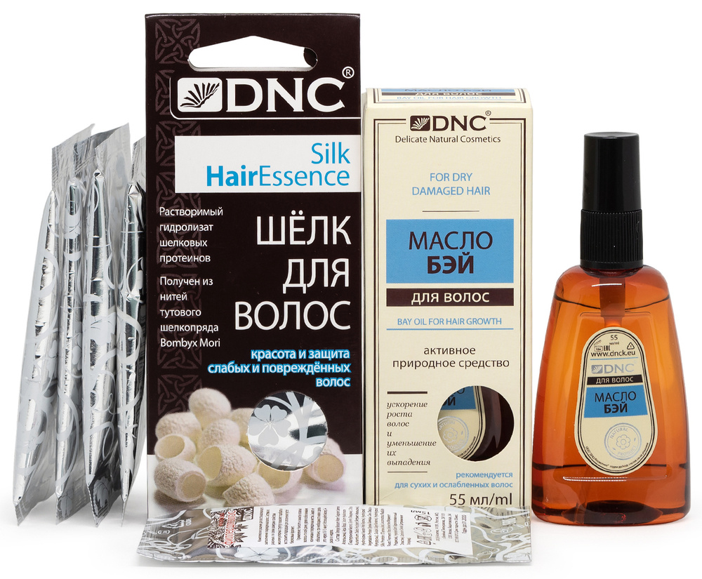 DNC набор: Сыворотка для поврежденных волос с жидким шелком (4шт по 10 мл), Масло Бэй против выпадения #1