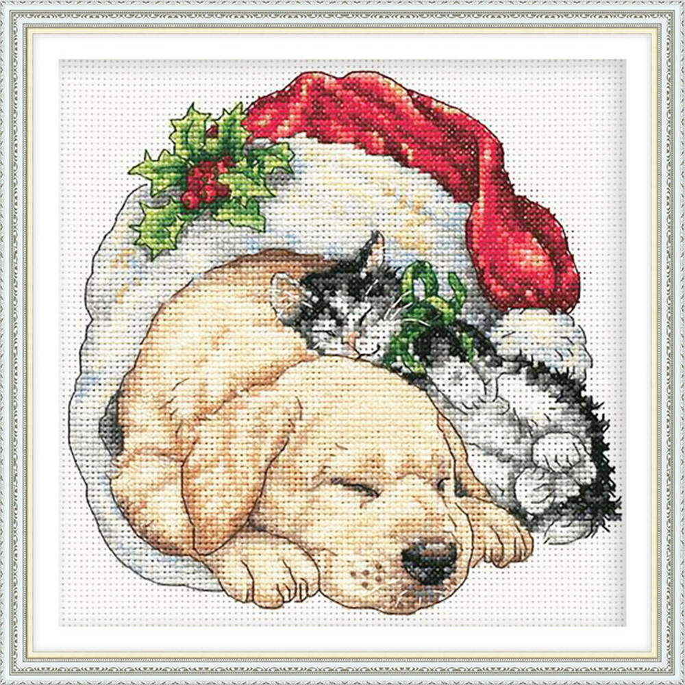 Набор для вышивания Dimensions 08826 "Щенок и котенок рождественским утром" 15x15 см  #1