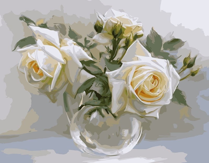 Картина по номерам на холсте с подрамником. 40x50: Colibri - цветы. Белые розочки  #1