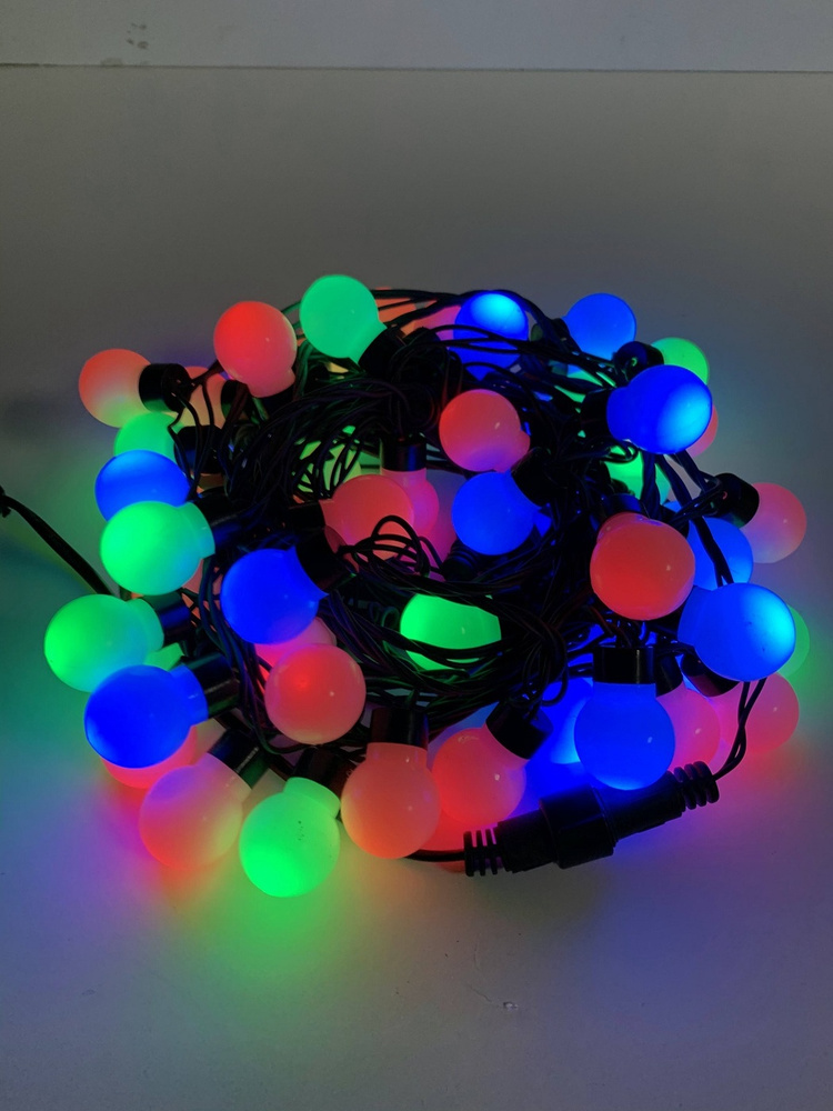 Гирлянда светодиодная нить 9,7 м на черном проводе 100 разноцветных диодов - белый шарик 3 см, выход #1