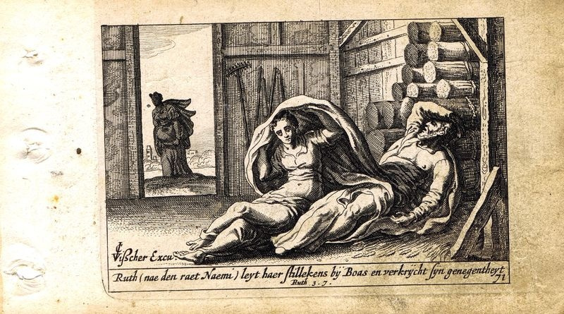 Антикварная резцовая гравюра, офорт. Ветхий Завет. Руфь и спящий Вооз. Нидерланды, 1659 год  #1