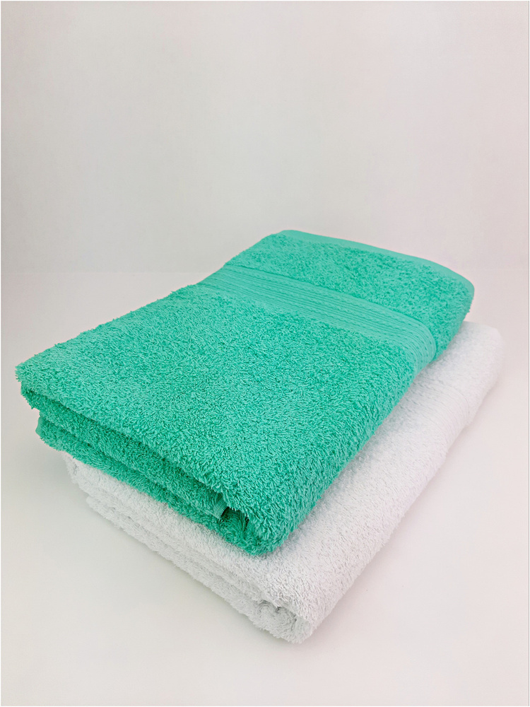 Байрамали Набор банных полотенец, Хлопок, 70x140 см, белый, светло-зеленый, 2 шт.  #1