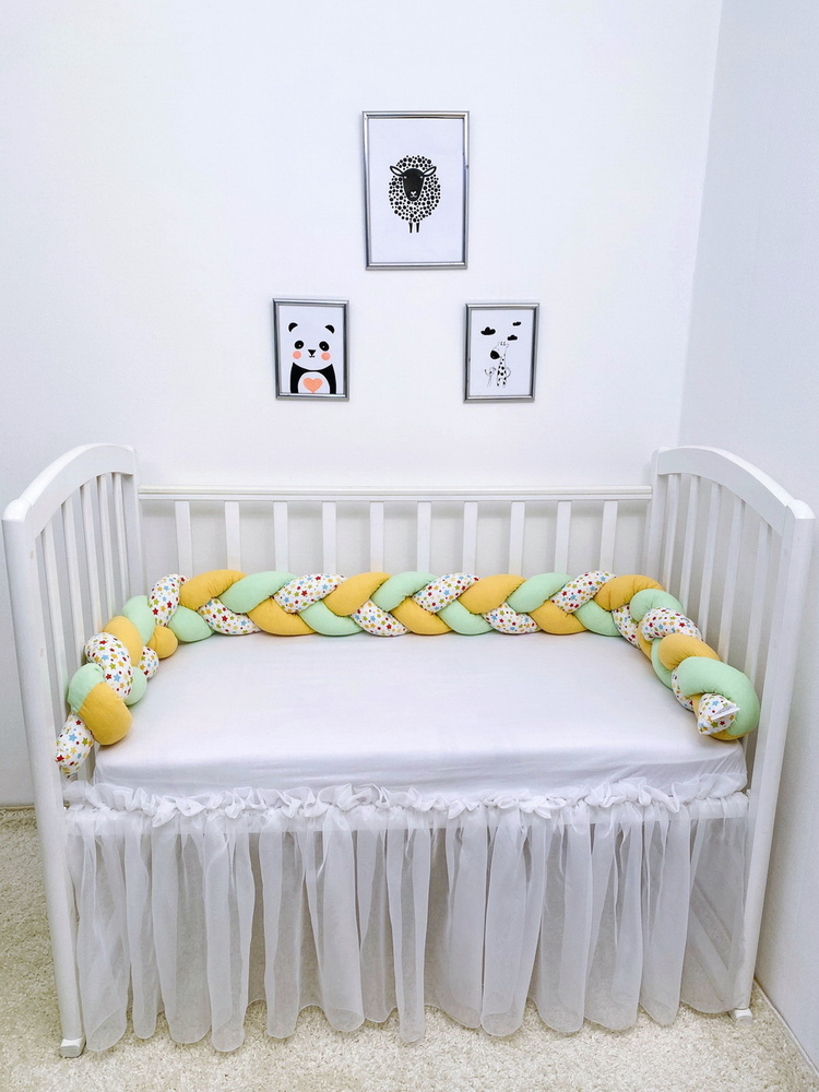 Бортик коса из хлопка 220 см. в детскую кроватку для новорожденного. Оранжевый, светло-зеленый, разноцветный. #1