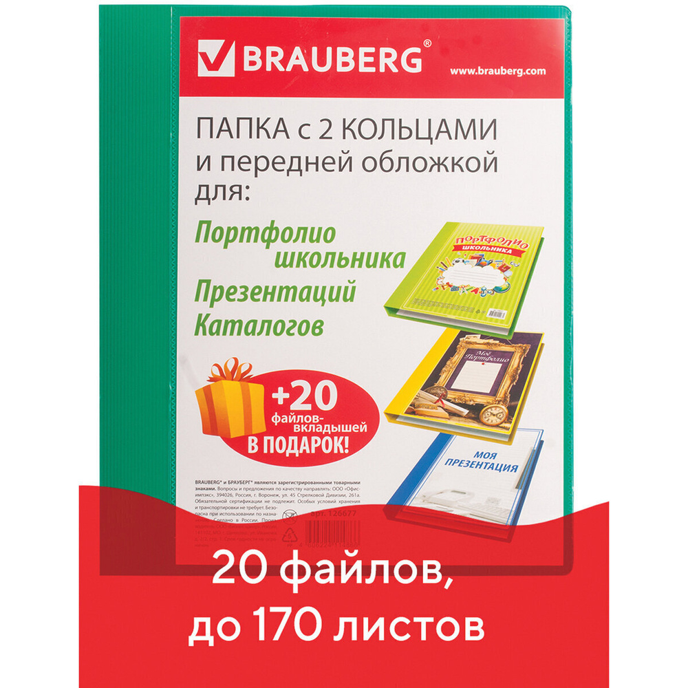 Папка для портфолио и презентаций, 2 кольца, 20 файлов, пластик, зеленая, Brauberg  #1