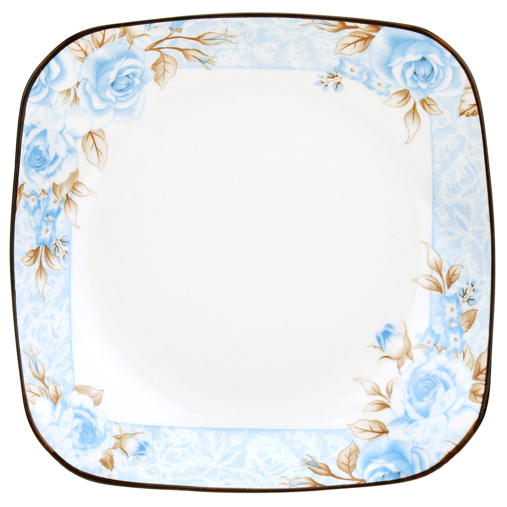 Набор тарелок "Розы, голубой фон" 3 шт. Тарелка глубокая суповая д180мм h35мм, 400мл, квадратная, с деколью, #1