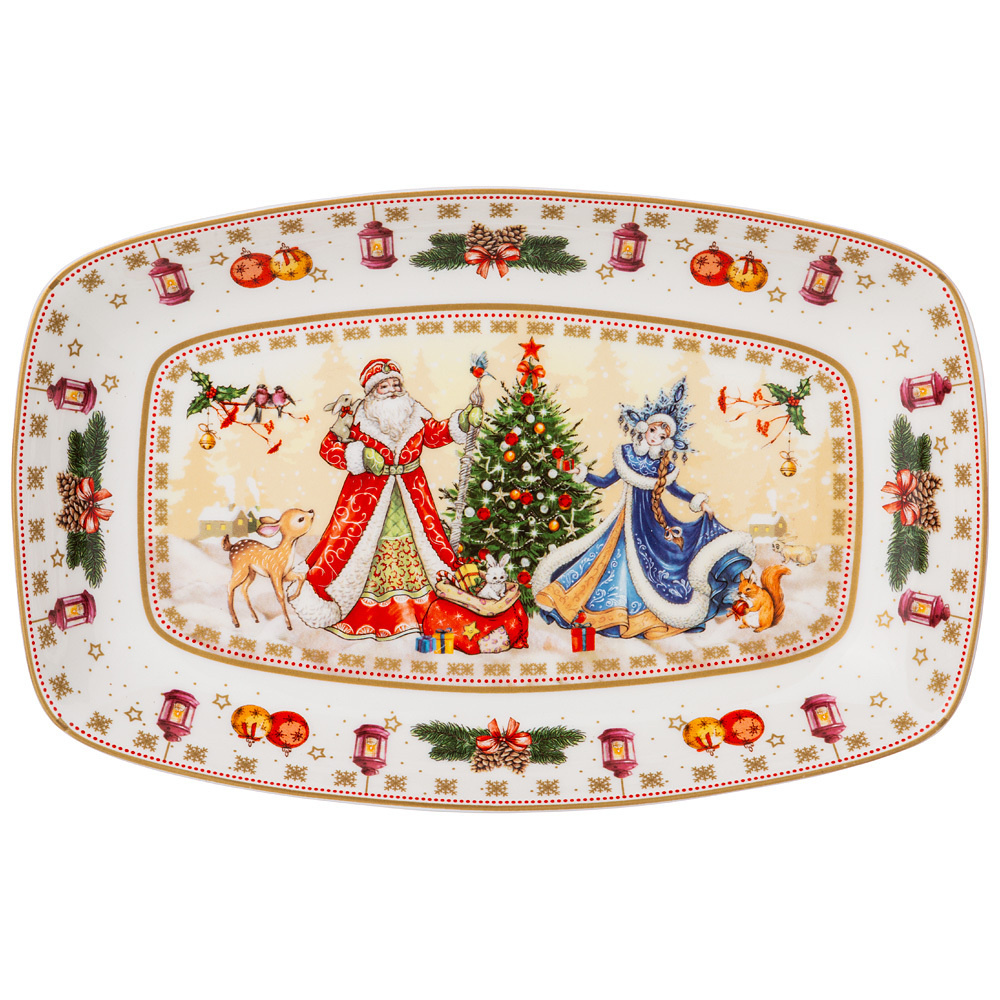 Блюдо Новогоднее сервировочное фарфоровое Lefard Дед Мороз и Снегурочка прямоугольное 25х16х3см, тарелка #1
