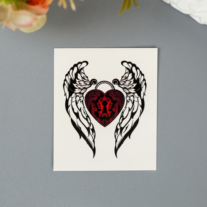 Временная татуировка на тело "Крылья с красным сердцем" 6,3х5,3 см  #1