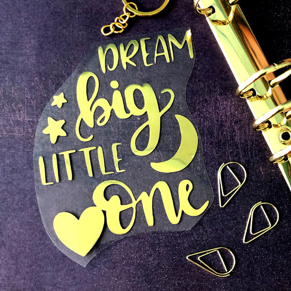 Наклейка из термотрансфера на альбом ручной работы Dream big little One, плёнка зеркальное золото, 100х115мм. #1