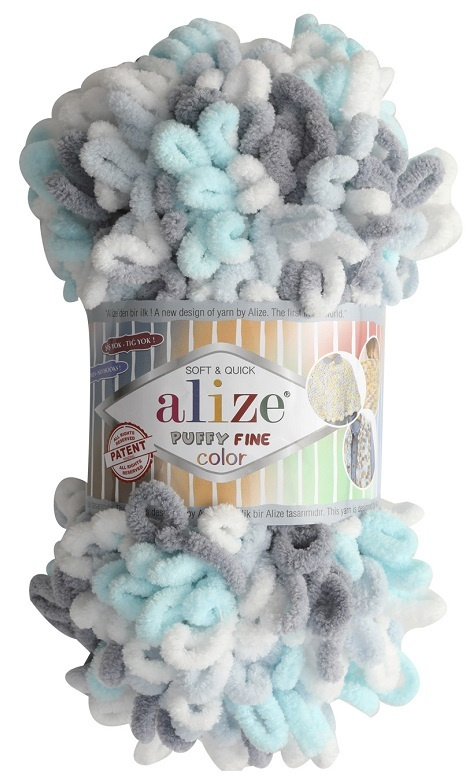 Пряжа Alize Puffy Fine Color, 5 мотков (14м.,100гр.), цвет 5939 Белый-серый-бирюза. Маленькие петельки #1