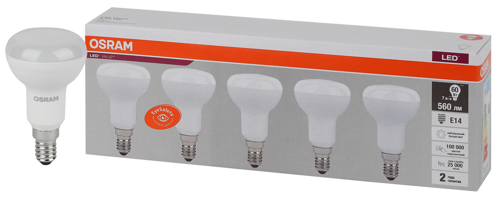Лампочка светодиодная OSRAM, E14, 7Вт (аналог 60Вт), ГРИБ (колба R), Нейтральный белый свет, 5 шт.  #1
