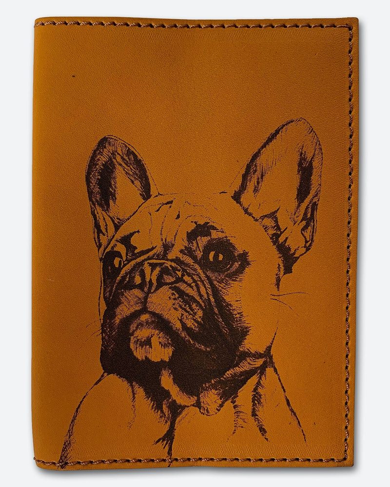 Обложка на паспорт натуральная кожа собака Французский бульдог светло-коричневый KAZA  #1