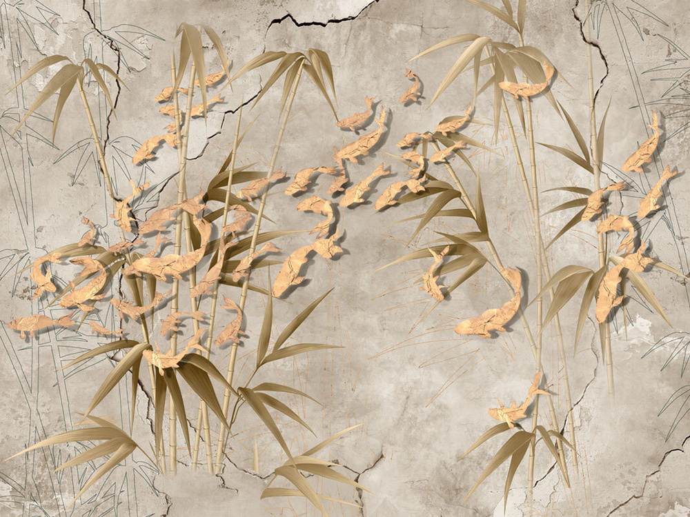 Фотообои флизелиновые на стену 3д GrandPik 17149 "Золотые рыбки в бамбуке", (ШхВ) 400х300 см  #1