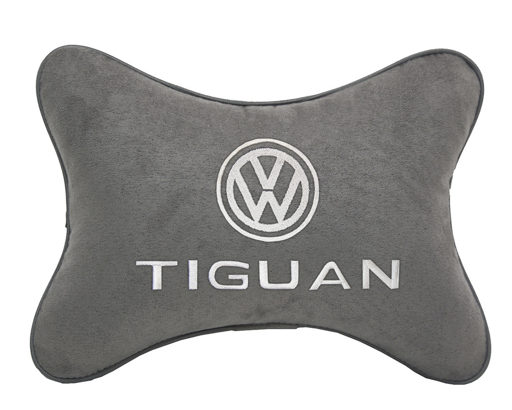 Автомобильная подушка на подголовник алькантара L.Grey с логотипом автомобиля VW Tiguan  #1