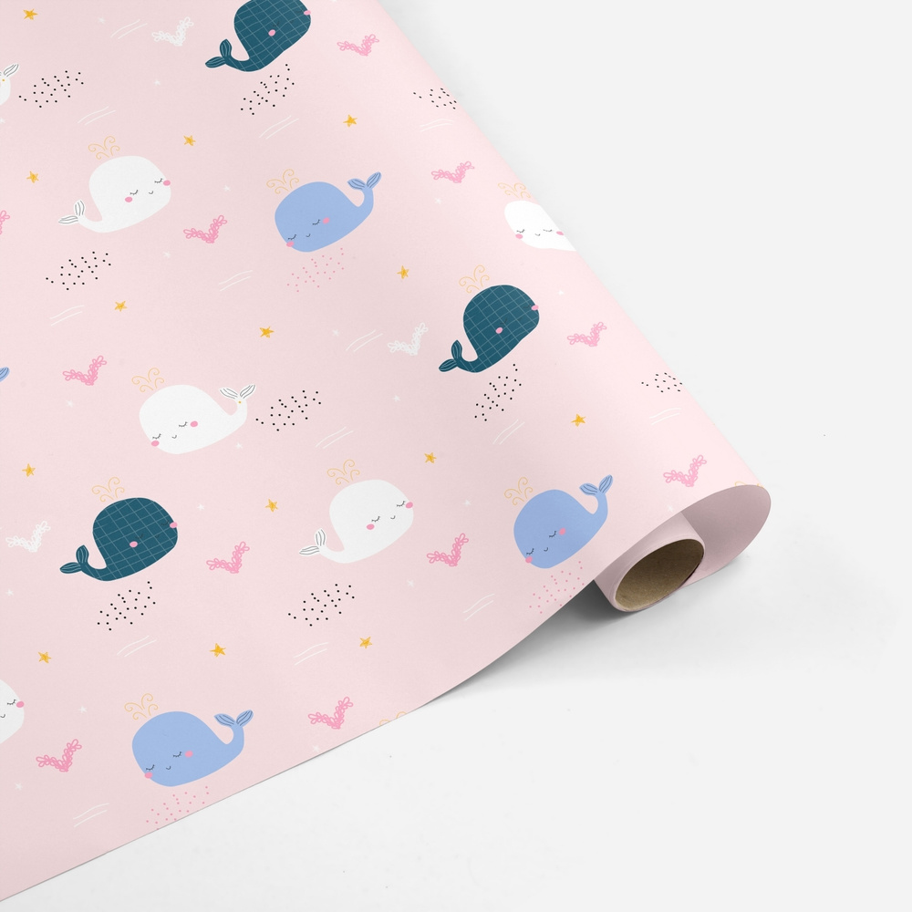 Бумага упаковочная универсальная детская декоративная, киты на розовом 70*100 см  #1