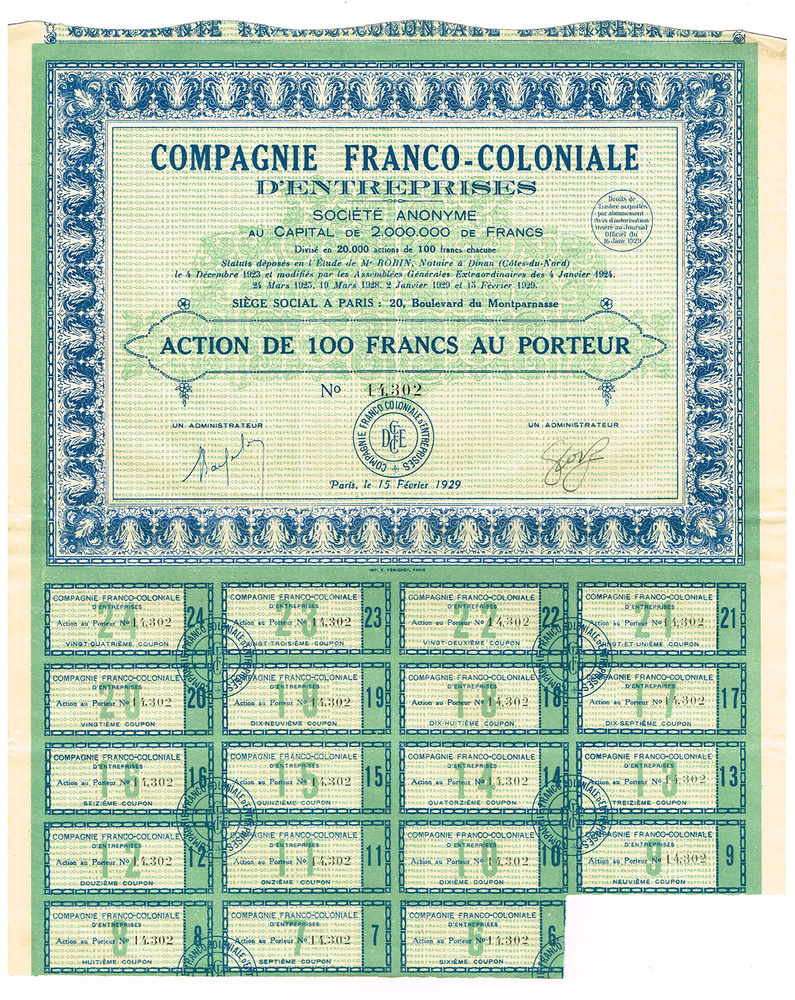Ценная бумага Акция на 100 франков. Общество франко-колониальных компаний. Франция, 1929 год. С купонами. #1