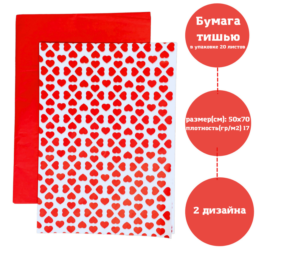 Бумага упаковочная тишью Сердечки красные и красный 50*70 см ( 20 листов).  #1