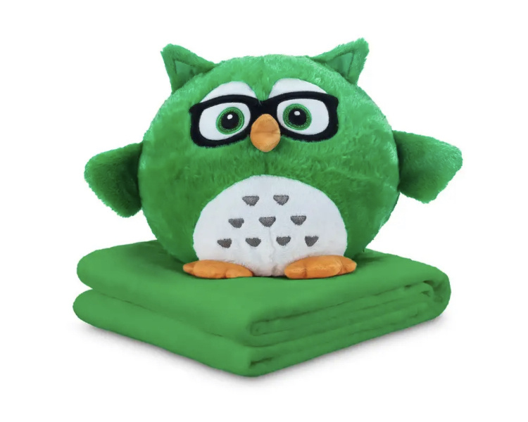 Набор флисовый Совушки 3 в 1 , подушка- игрушка с пледом внутри, плед120х90см (зеленый)  #1