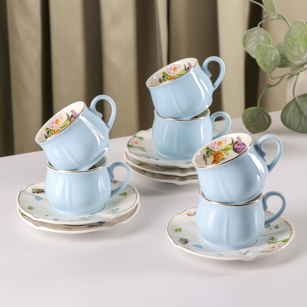 Сервиз кофейный "Сирена", 12 предметов: 6 чашек 100 мл, 6 блюдец диаметр 12 см, цвет голубой  #1