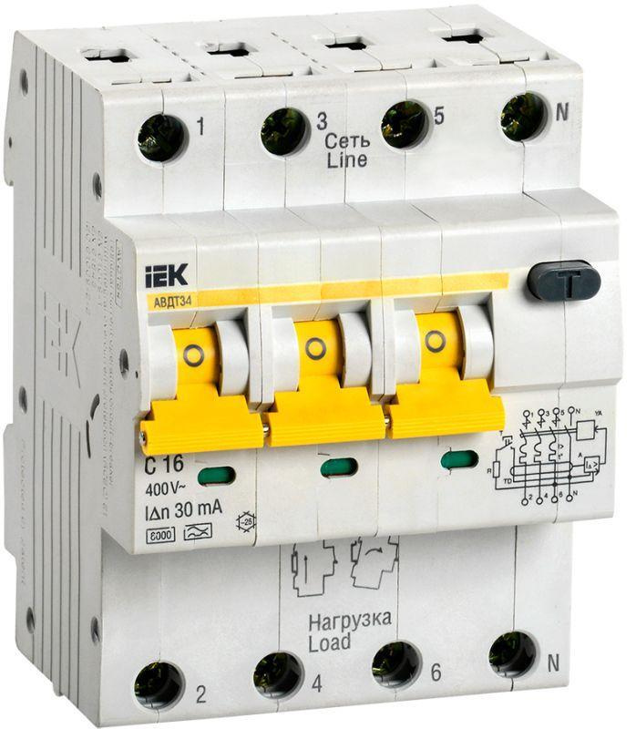 Выключатель автоматический дифференциального тока 4п (3P+N) C 16А 30мА тип A 6кА АВДТ-34 IEK MAD22-6-016-C-30 #1