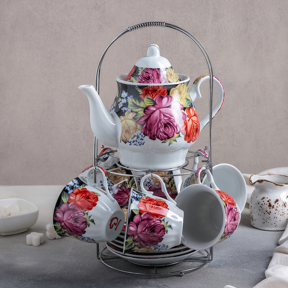 Чайный сервиз на 6 персон из керамики Доляна "Роспись", 13 предметов: чайник заварочный 1 л, 6 чашек #1