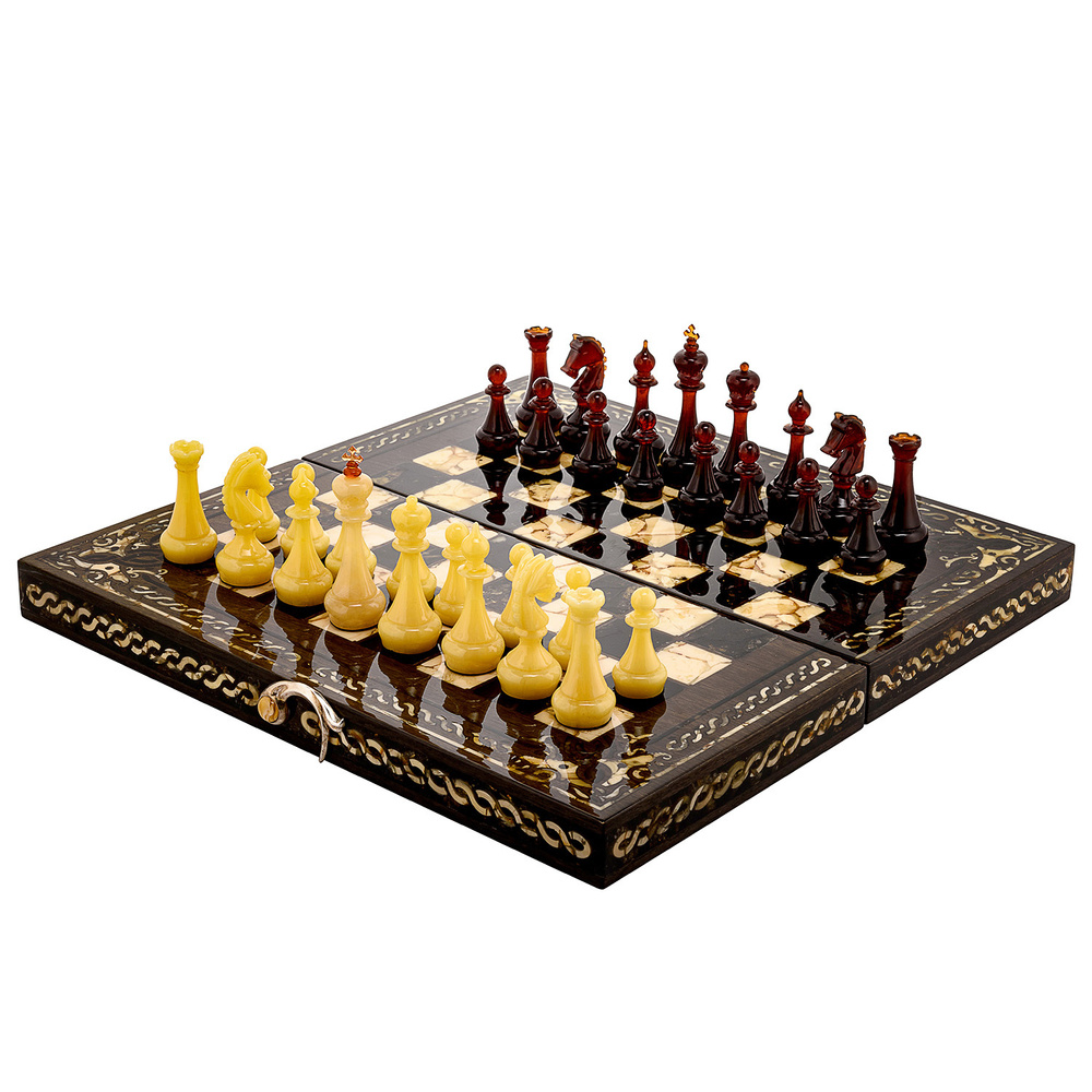 Шахматы деревянные "Ночь" с инкрустацией из янтаря и янтарными фигурами  #1