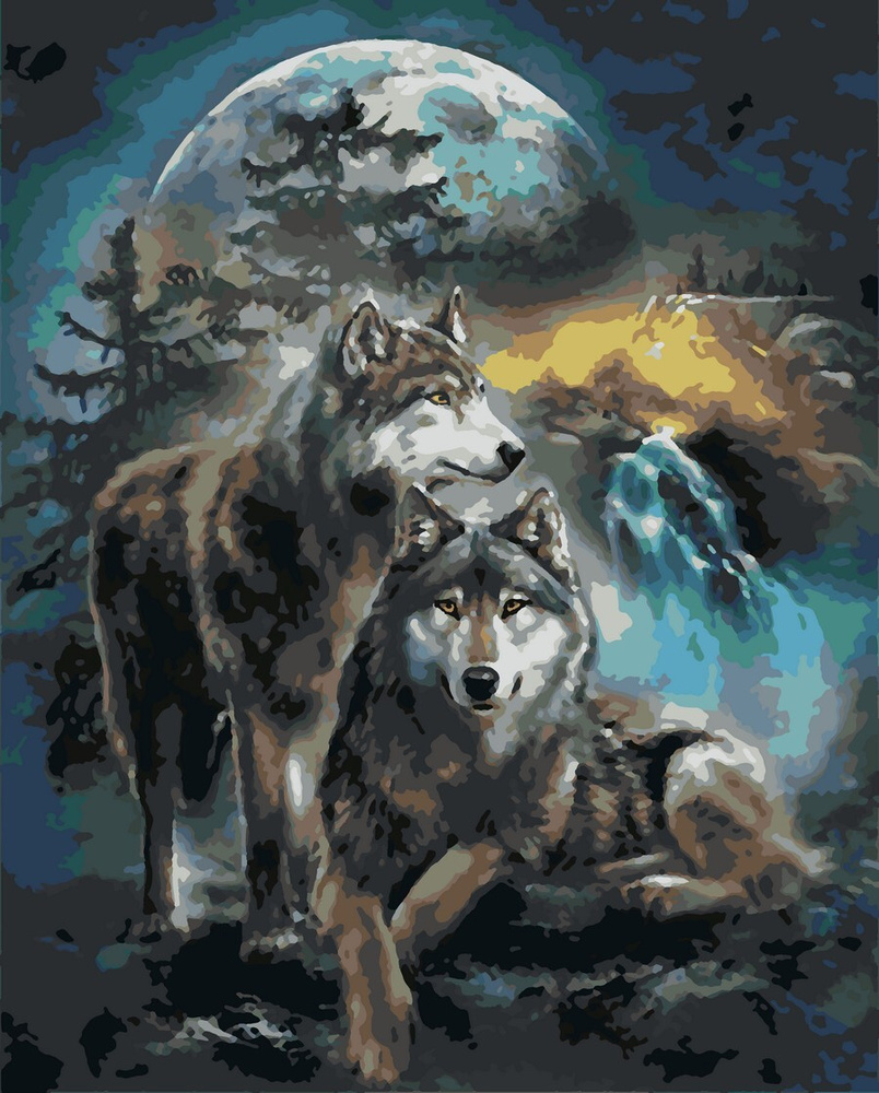 Картина по номерам Hobruk "Ночные волки" на холсте на подрамнике 40х50, раскраска по номерам, животные #1
