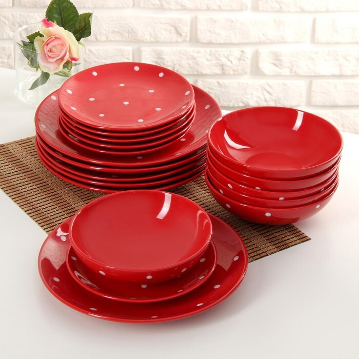 Сервиз столовый, 18 предметов 6 тарелок в19 см, 6 тарелок d27 см, 6 тарелок d18,7 см цвет красный  #1