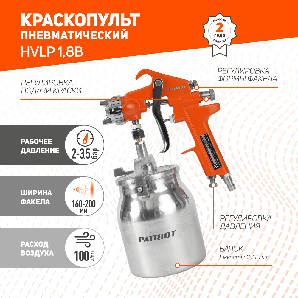 Пневмокраскораспылитель PATRIOT HVLP 1,8B, быстросъем 1/4", бачок 1000мл  #1