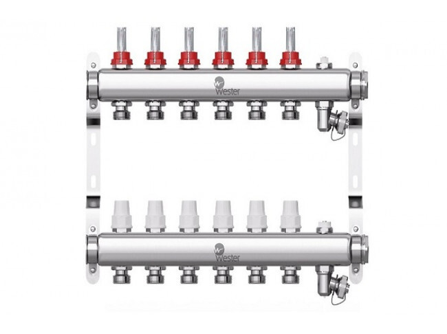 Коллекторная группа 1" из нерж. стали на 6 выходов 3/4"ЕК с расходомерами, коллектор W902 в сборе, Wester #1