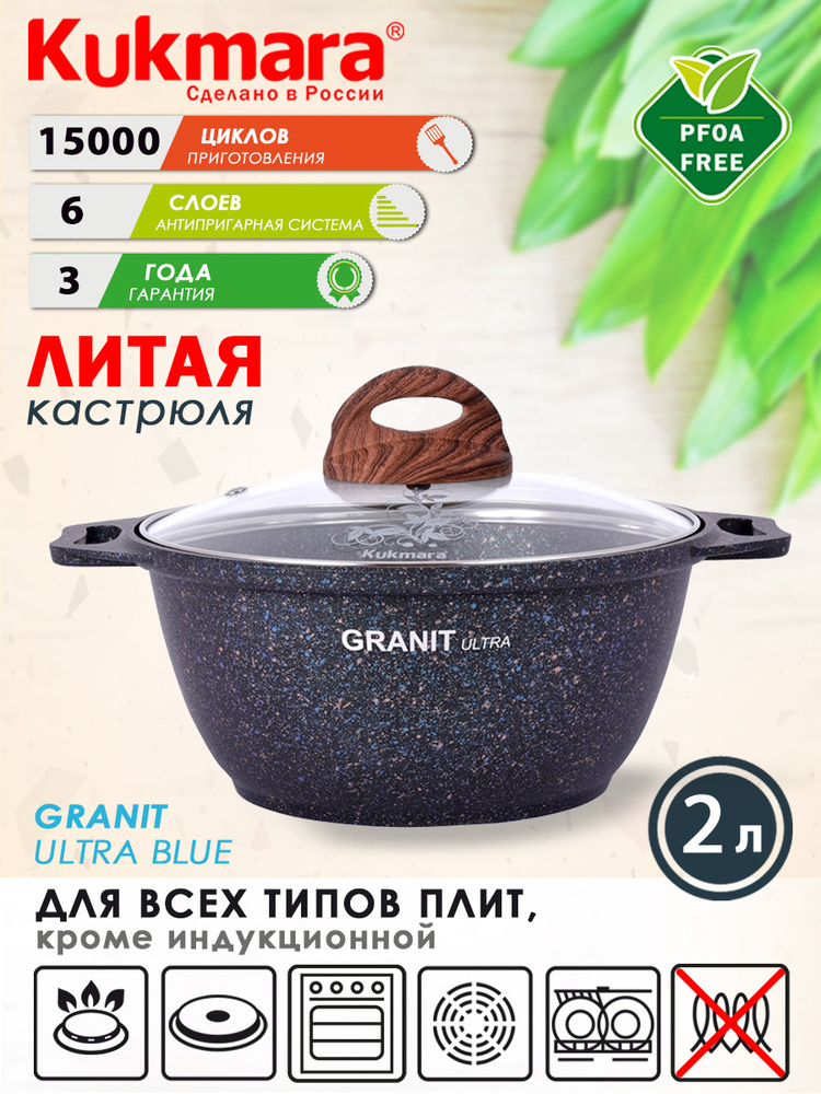 Кастрюля антипригарная литая 2л со стеклянной крышкой Granit ultra blue ТМ KUKMARA  #1