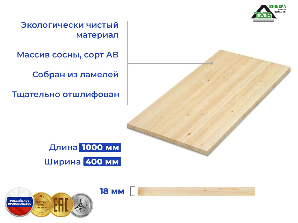 Мебельный щит из дерева (массив) 1000х400х18 мм хвоя #1