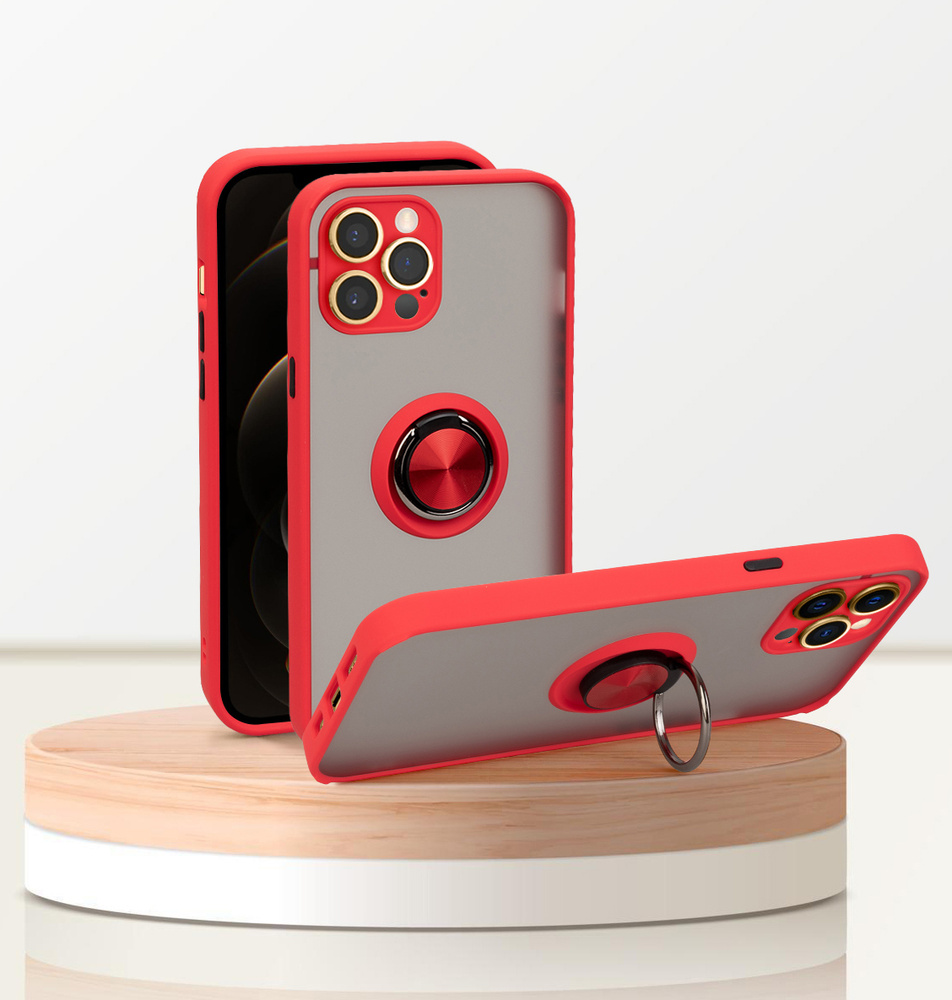 Чехол для айфон 11 про макс / iphone 11 pro max, красный, с кольцом, магнитный, подставка, защита камеры #1