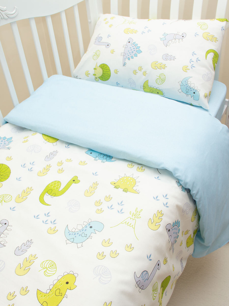 Комплект постельного белья в кроватку 3 предмета EvaKids LITTLE BABY (Динозаврики, бело/голубой)  #1