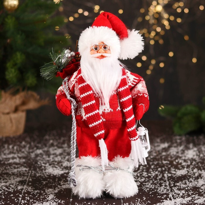 Зимнее волшебство, Дед Мороз "В свитере с оленями и с фонариком" 30 см, бело-красный  #1
