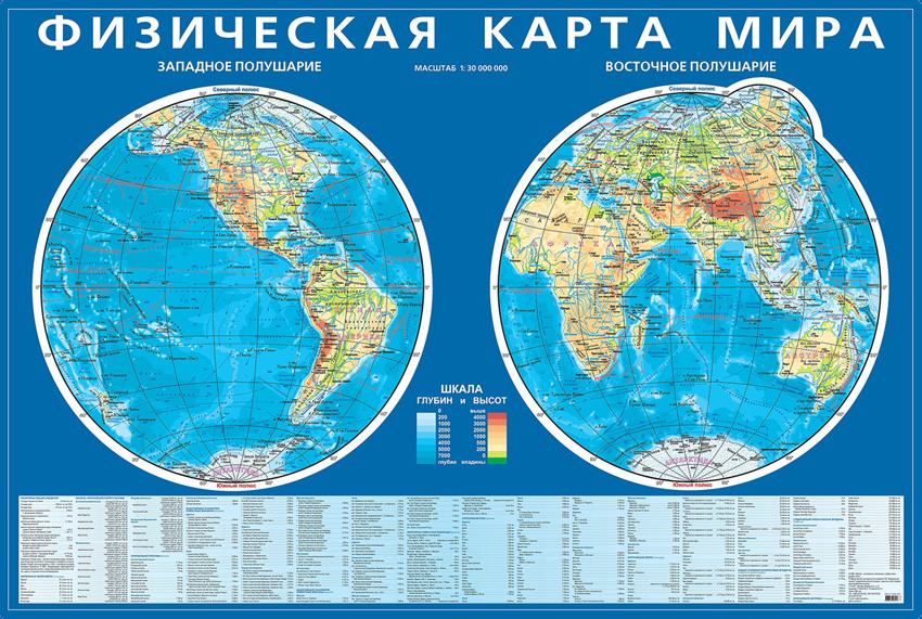 КАРТА МИРА Физическая . Карта полушарий 145х97см. #1